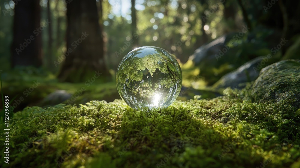 A transparent crystal globe placed on lush green moss in a forest, symbolizing global care for nature and the planet sustainable future. A transparent crystal globe placed on lush green moss in a forest, symbolizing global care for nature and the planet sustainable future.