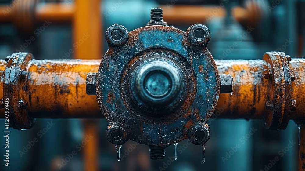 Close-Up of Rusty Industrial Valve with Water Droplets in Urban Environment During Twilight Close-Up of Rusty Industrial Valve with Water Droplets in Urban Environment During Twilight