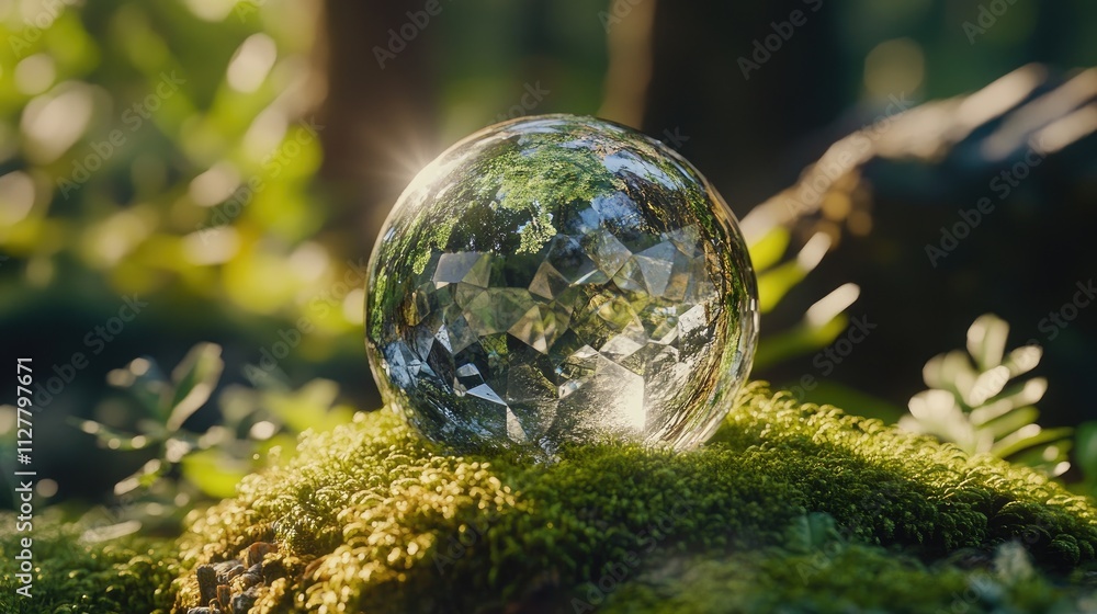 Close-up of a crystal globe on green moss in a forest, representing environmental conservation and sustainable practices for Earth Day and ecology. Close-up of a crystal globe on green moss in a forest, representing environmental conservation and sustainable practices for Earth Day and ecology.