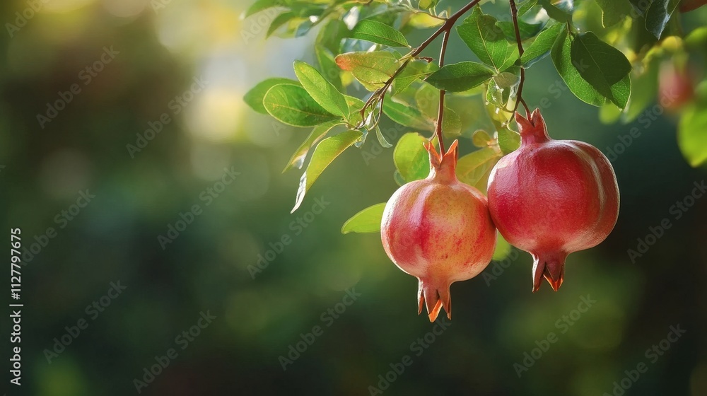 A close-up of pomegranate fruits hanging on the branch with green leaves A close-up of pomegranate fruits hanging on the branch with green leaves
