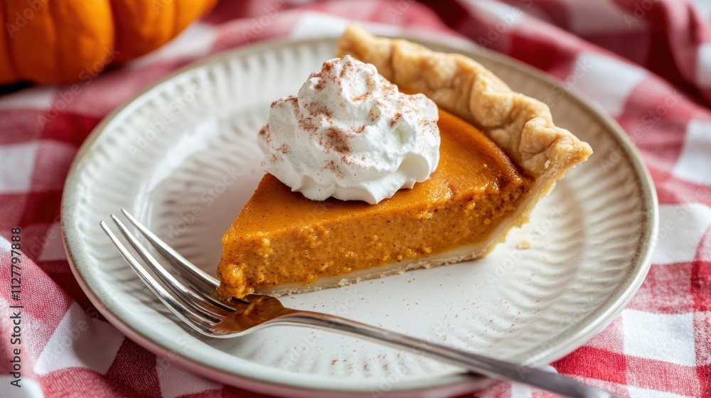 A slice of pumpkin pie in plate with decoration in Fall. A slice of pumpkin pie in plate with decoration in Fall.