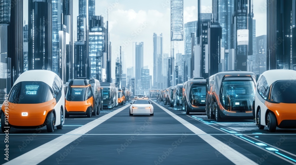 Naklejka premium Electric cars and trucks lined up in a futuristic city, showcasing sustainable transport solutions and green logistics for a cleaner, carbon-neutral future.