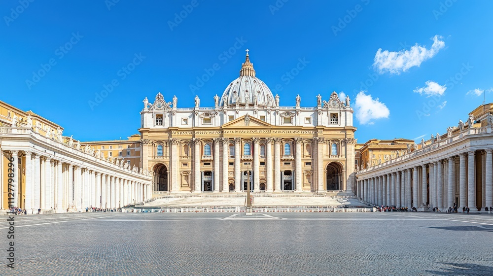 Obraz premium St. Peter's Basilica, colonnades, vast plaza, sunny day.