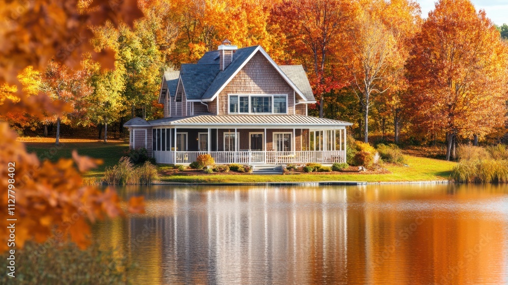 Cozy lakefront house with a wraparound porch, surrounded by autumn leaves and a calm lake Cozy lakefront house with a wraparound porch, surrounded by autumn leaves and a calm lake