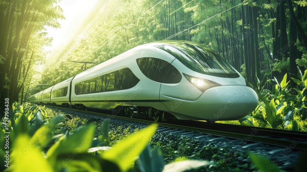 High-speed eco-friendly train traveling through lush green landscapes, symbolizing the transition to sustainable global transport with clean energy solutions. High-speed eco-friendly train traveling through lush green landscapes, symbolizing the transition to sustainable global transport with clean energy solutions.