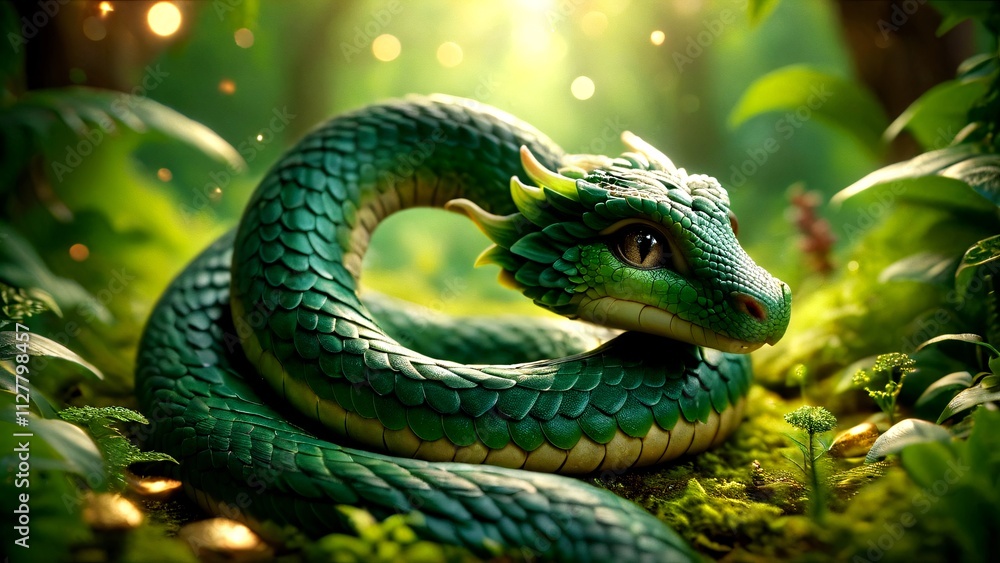 Realistic green snake coiled on a lush forest floor with golden accents Realistic green snake coiled on a lush forest floor with golden accents