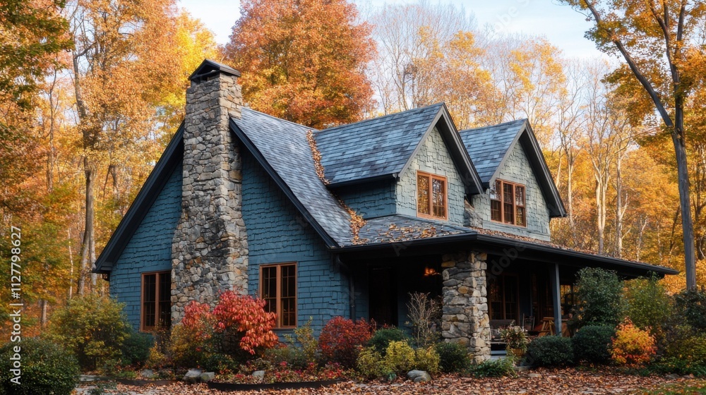 Cozy mountain house with a stone chimney, surrounded by colorful autumn leaves Cozy mountain house with a stone chimney, surrounded by colorful autumn leaves