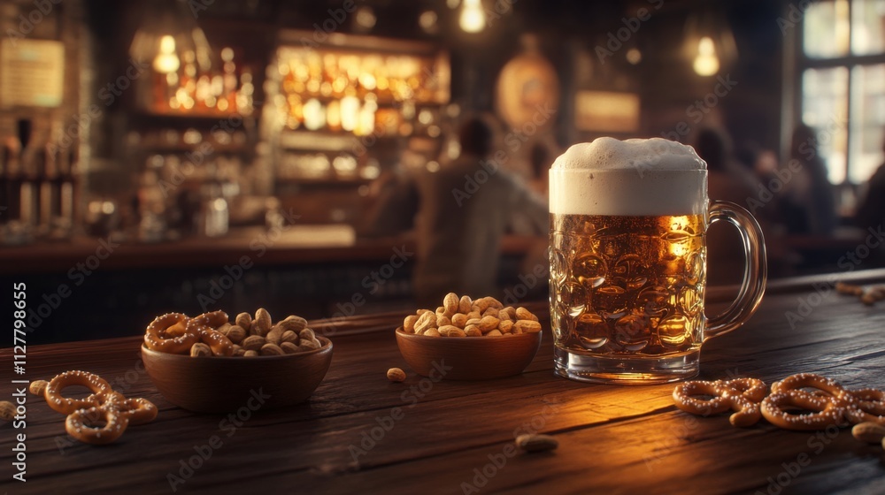 Cozy pub scene with frothy beer glasses on a wooden bar counter, accompanied by bowls of pretzels and peanuts, with a blurred crowd in the background Cozy pub scene with frothy beer glasses on a wooden bar counter, accompanied by bowls of pretzels and peanuts, with a blurred crowd in the background