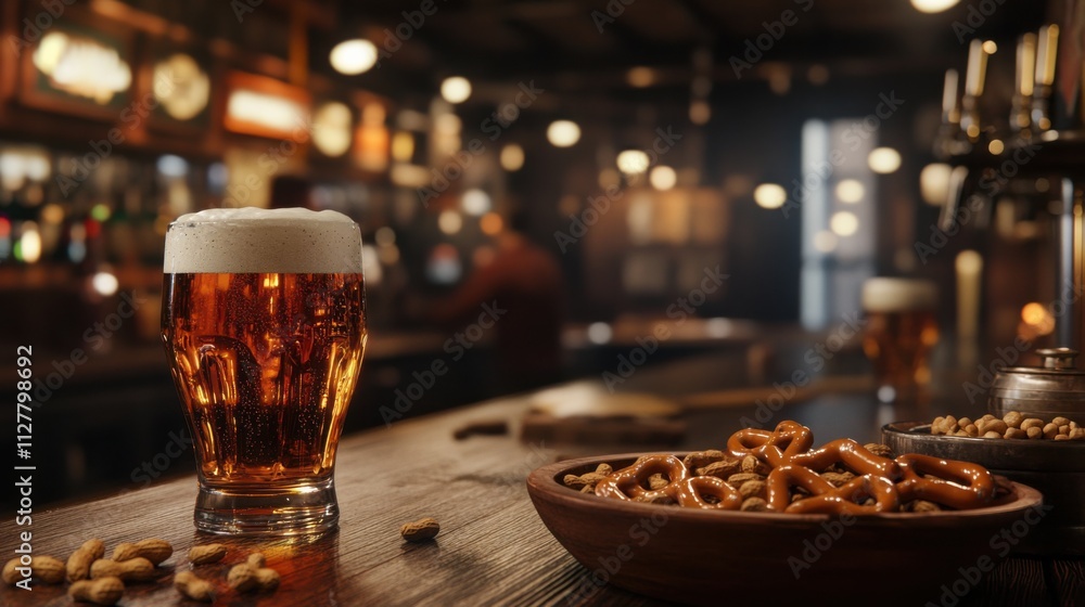 Cozy pub scene with frothy beer glasses on a wooden bar counter, accompanied by bowls of pretzels and peanuts, with a blurred crowd in the background