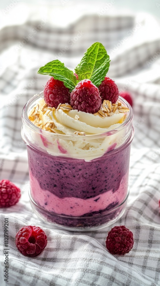 Oatmeal and blueberry whipped cream in a glass jar with fresh raspberries in a white checkered tablecloth background, Oatmeal and blueberry whipped cream in a glass jar with fresh raspberries in a white checkered tablecloth background,