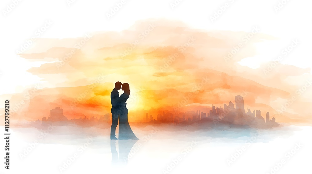 Romantic sunset kiss urban skyline digital art serene atmosphere couple embrace love story Romantic sunset kiss urban skyline digital art serene atmosphere couple embrace love story