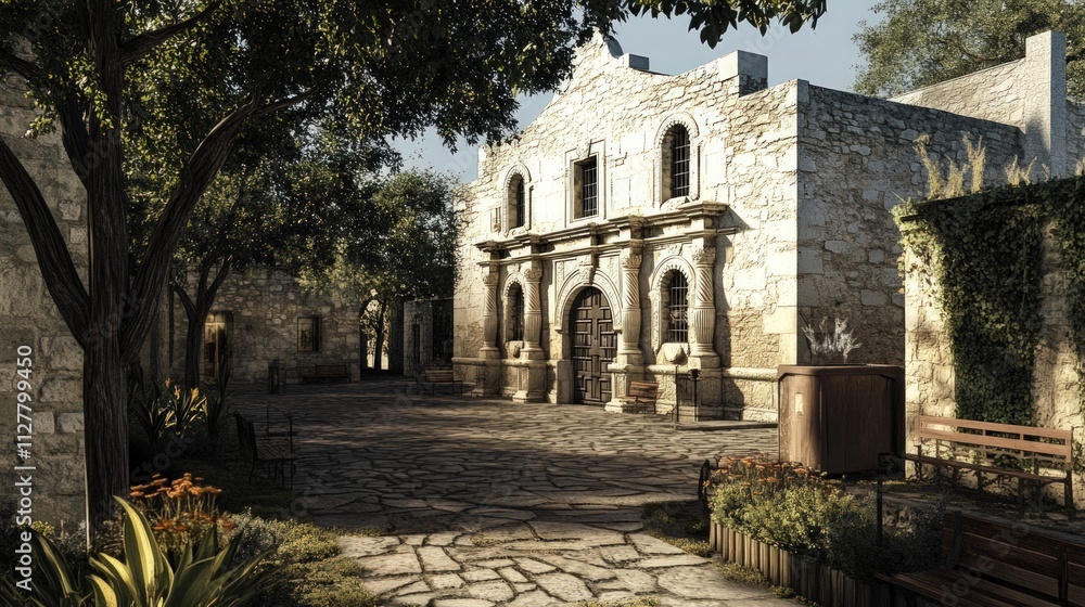 Fototapeta premium Sunlit stone church courtyard, tranquil, shaded.