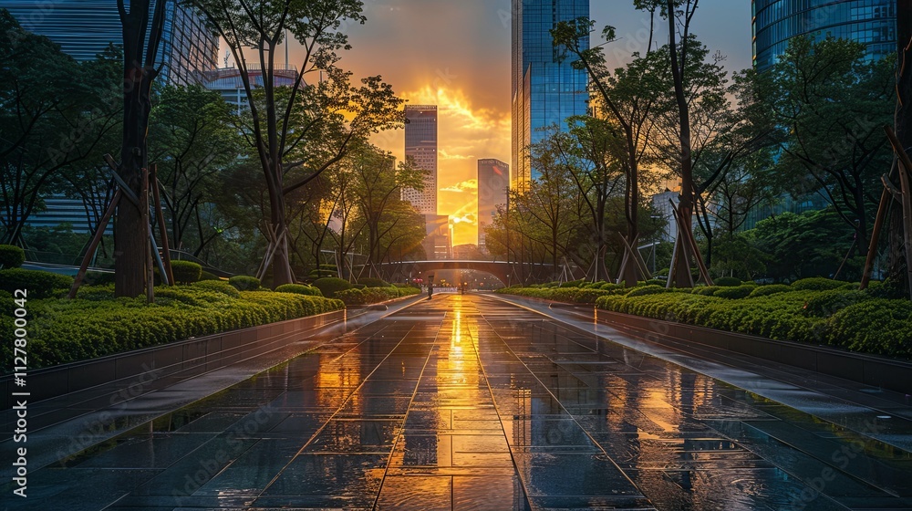Naklejka premium Urban Sunset: Golden Hour Reflecting on Wet City Pathway