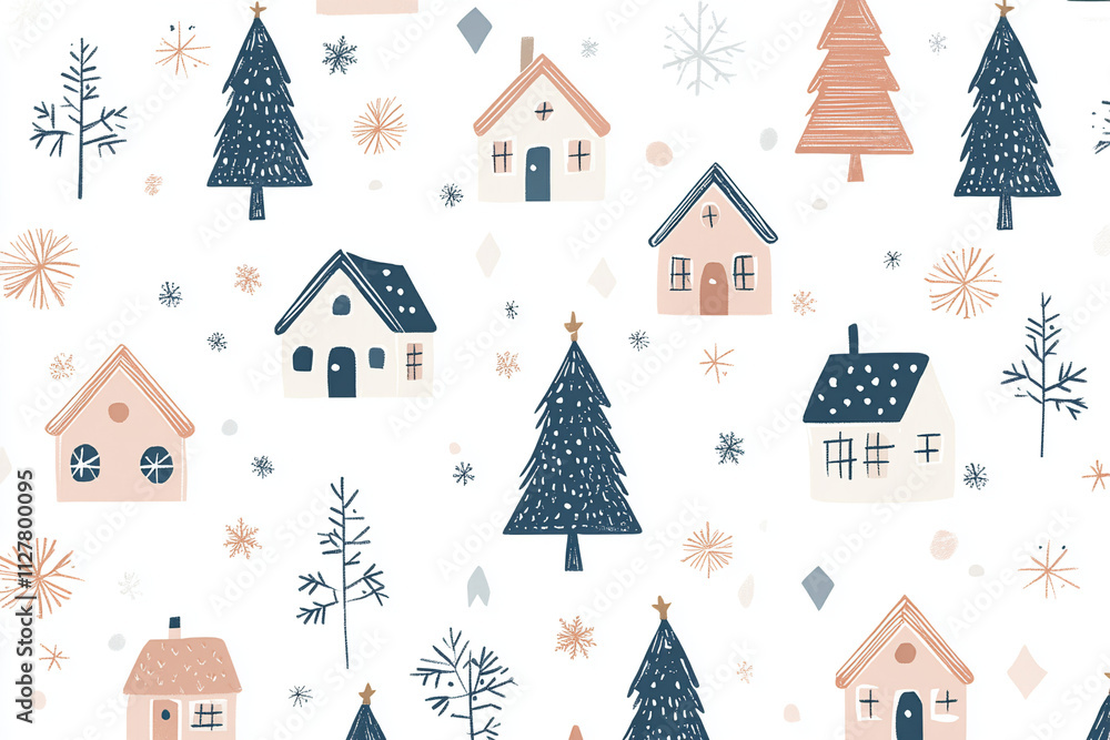 Seamless Winter Village Pattern with Festive Trees and Snowflakes Seamless Winter Village Pattern with Festive Trees and Snowflakes