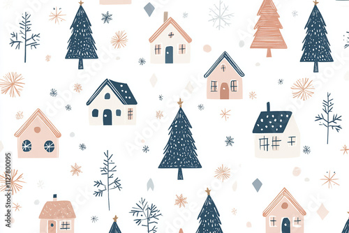 Seamless Winter Village Pattern with Festive Trees and Snowflakes