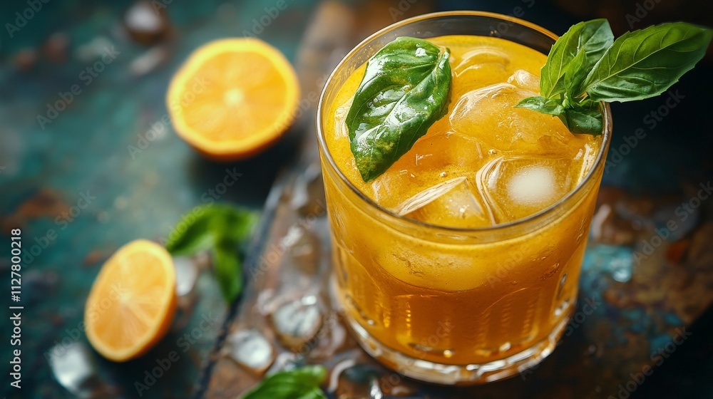 A person adding turmeric powder to a glass of orange juice with ginger on a wooden table. A person adding turmeric powder to a glass of orange juice with ginger on a wooden table.