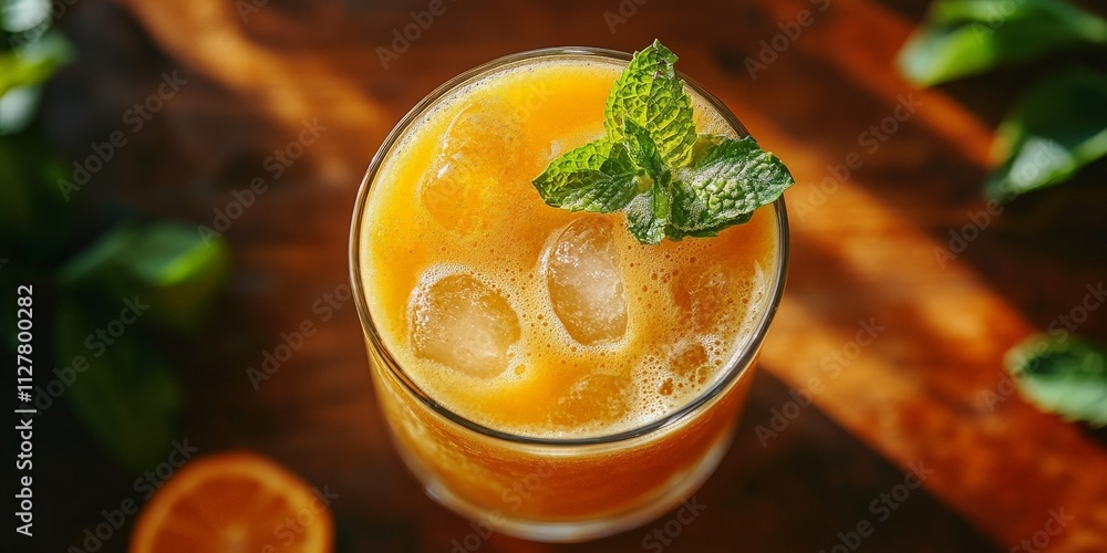 A person adding turmeric powder to a glass of orange juice with ginger on a wooden table. A person adding turmeric powder to a glass of orange juice with ginger on a wooden table.