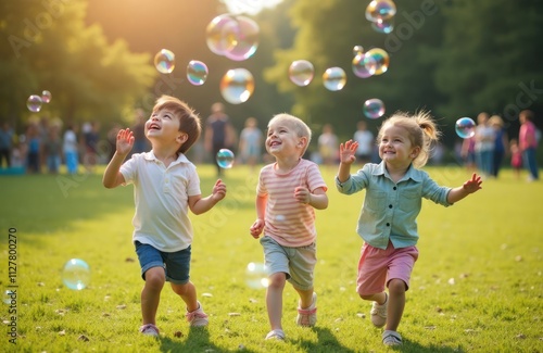 Fototapeta Naklejka Na Ścianę i Meble -  Three children run, play in park chasing colorful bubbles. Joyful kids have fun in sunny park. Happy kids enjoy summer day. Bubbles float in air. Children run fast outdoors. Parents watch kids play.