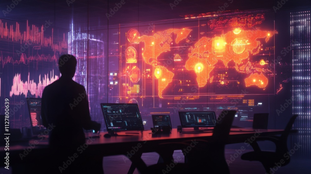 Economic trends represented with glowing graphs and a professional explaining global data in a boardroom Economic trends represented with glowing graphs and a professional explaining global data in a boardroom