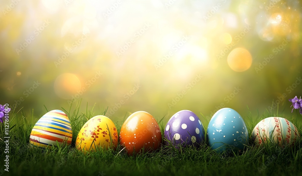Colorful Easter Eggs in Green Grass Field on a Spring Day with Soft Bokeh Background Colorful Easter Eggs in Green Grass Field on a Spring Day with Soft Bokeh Background