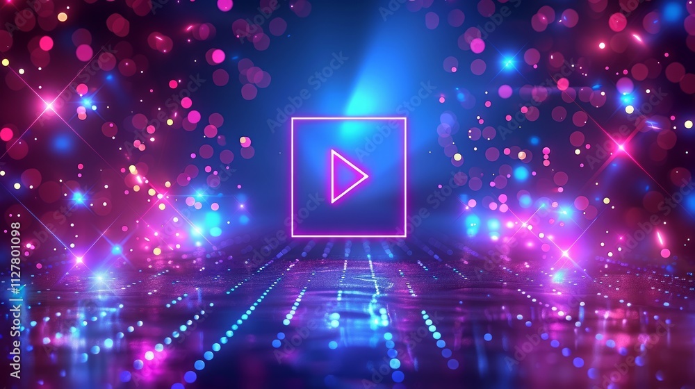 Neon play button in vibrant, glowing, futuristic setting. Neon play button in vibrant, glowing, futuristic setting.