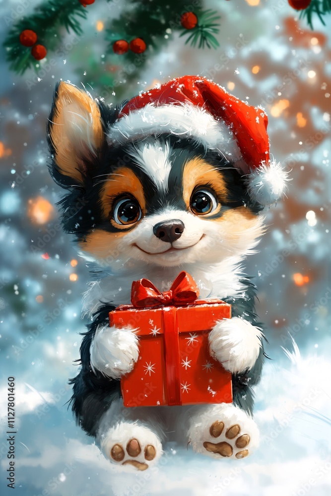 Happy Australian Shepherd puppy in Santa hat holding Christmas gift sitting in snow Oil painting style. New Year's day and Christmas dog illustration for vertical banner, poster, card, children book Happy Australian Shepherd puppy in Santa hat holding Christmas gift sitting in snow Oil painting style. New Year's day and Christmas dog illustration for vertical banner, poster, card, children book