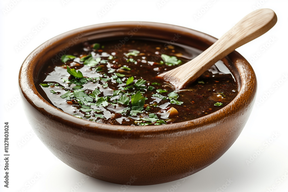 Mole sauce in bowl with wooden spoon isolated on white background. Mole sauce in bowl with wooden spoon isolated on white background.