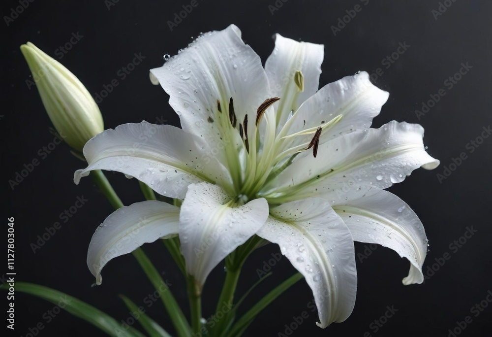 Fototapeta premium Isolated white lily with dewdrops on petals against dark background, minimalistic, serene