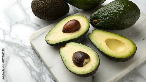 Fresh Avocados Cut in Halves with Seed and Skin on a Marble Surface