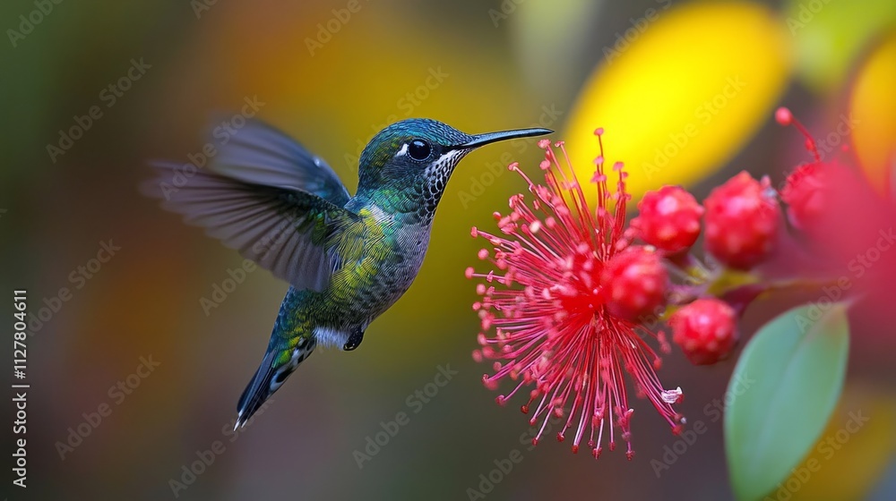 Vibrant hummingbird in flight, feeding from a bright red flower. Vibrant hummingbird in flight, feeding from a bright red flower.