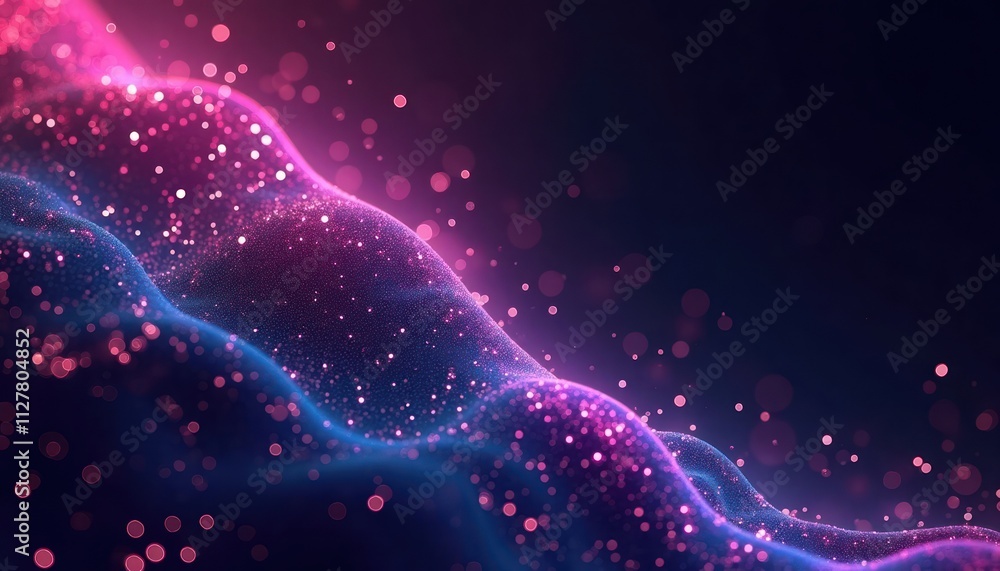 Fototapeta premium Abstract design with dynamic purple, blue neon lines on dark background. Particles, light effects create flowing wavy pattern. Great for tech creative digital art backgrounds. Abstract design fits