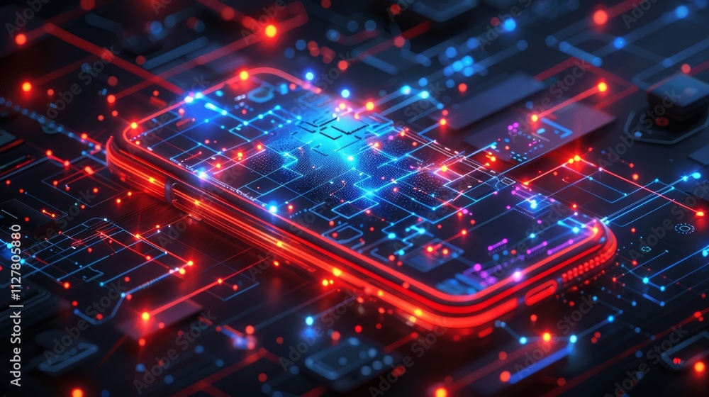Smartphone with glowing circuit board, digital technology concept. Smartphone with glowing circuit board, digital technology concept.
