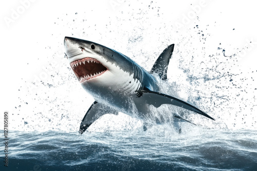 Dynamic shark jumping out of water with splash effect- PNG style transparent background for ocean and marine life designs photo