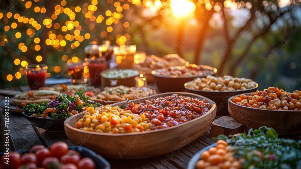 Fototapeta premium Joyful Family Gathering in Garden with Grandfather and Grandchildren Enjoying Dinner and Drinks Together with Friends and Diverse Adults at BBQ Party