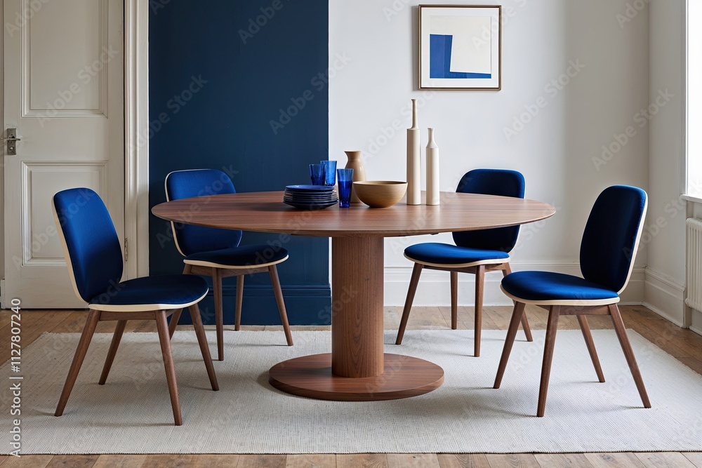 Elegant Minimalist Dining Setting with a Circular Wooden Table and Chairs in Cobalt and Ivory Shades Elegant Minimalist Dining Setting with a Circular Wooden Table and Chairs in Cobalt and Ivory Shades