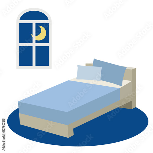 シンプルなベッドと窓の夜の部屋のイラスト素材セット