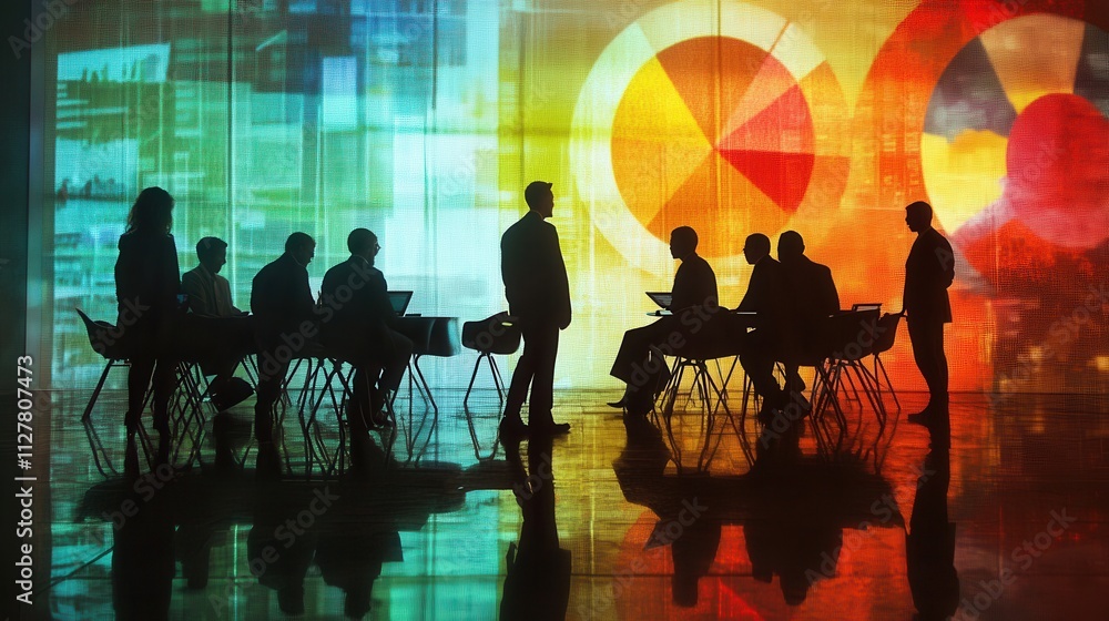 Financial reporting team finalizing quarterly earnings, with pie charts projected on a wall screen Financial reporting team finalizing quarterly earnings, with pie charts projected on a wall screen