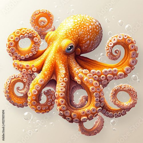 Vibrant Orange Octopus Underwater Digital Art: A Detailed Close-Up of an Octopus in its Aquatic Habitat photo