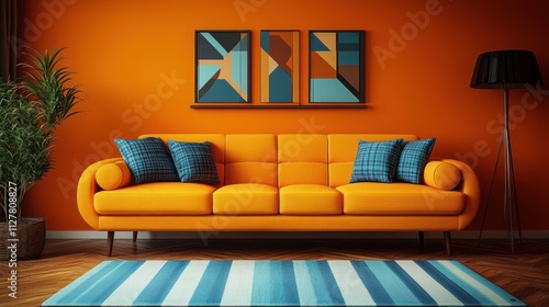 Modern Living Room Interior with Orange Wall Yellow Sofa Geometric Art and Cozy Lighting photo