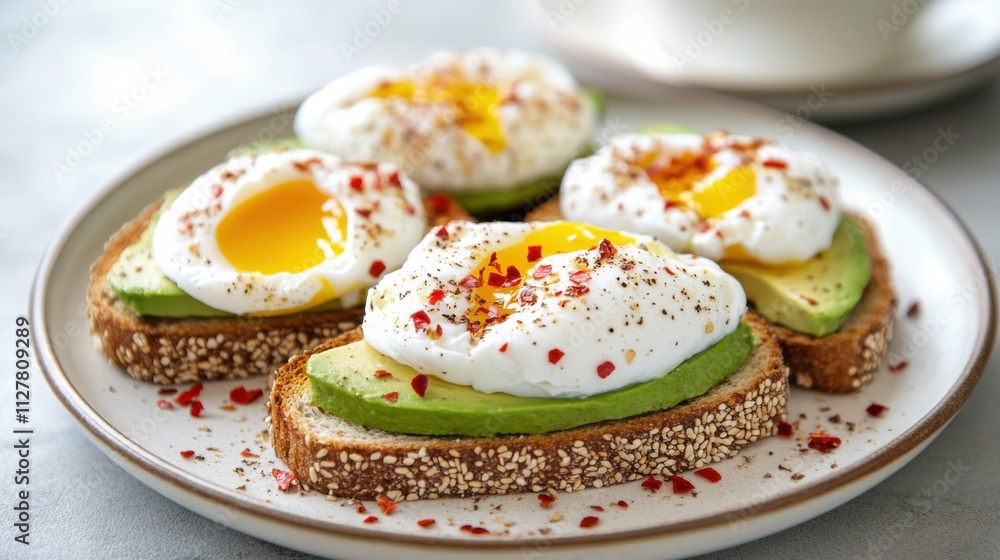 Gluten-free avocado toast with poached eggs and chili flakes, placed on a ceramic plate with a cup of coffee in the background Gluten-free avocado toast with poached eggs and chili flakes, placed on a ceramic plate with a cup of coffee in the background