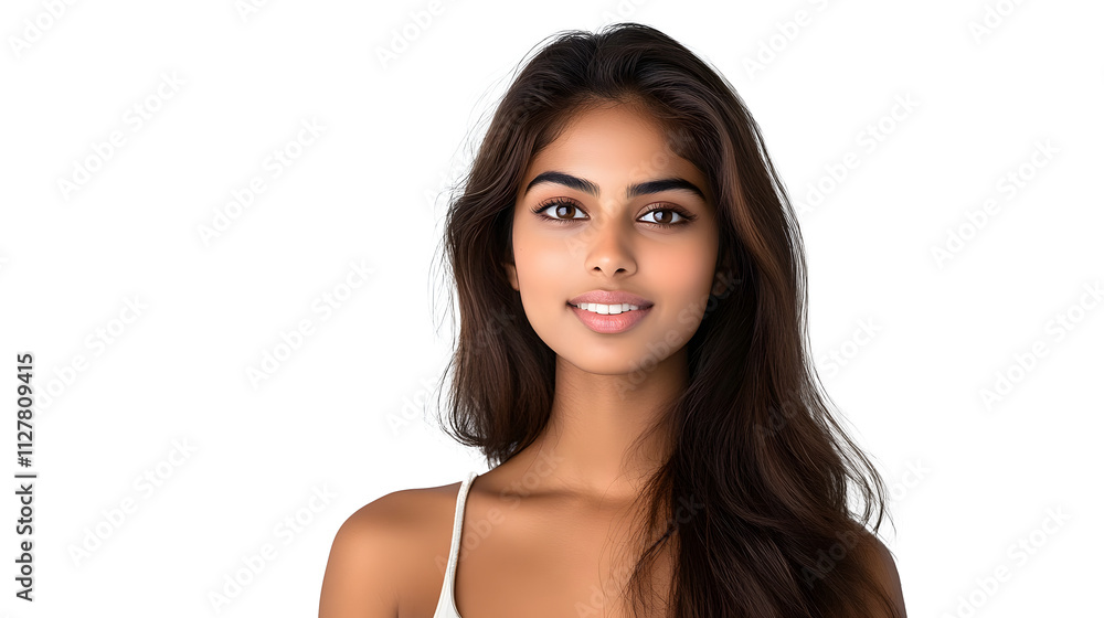 portrait of an attractive indian female in her 30s with long brown hair isolated against a white background portrait of an attractive indian female in her 30s with long brown hair isolated against a white background