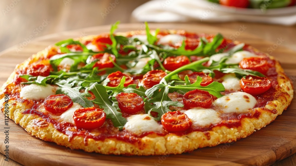 Gluten-free pizza with a cauliflower crust, topped with arugula, cherry tomatoes, and mozzarella, styled on a wooden pizza board Gluten-free pizza with a cauliflower crust, topped with arugula, cherry tomatoes, and mozzarella, styled on a wooden pizza board