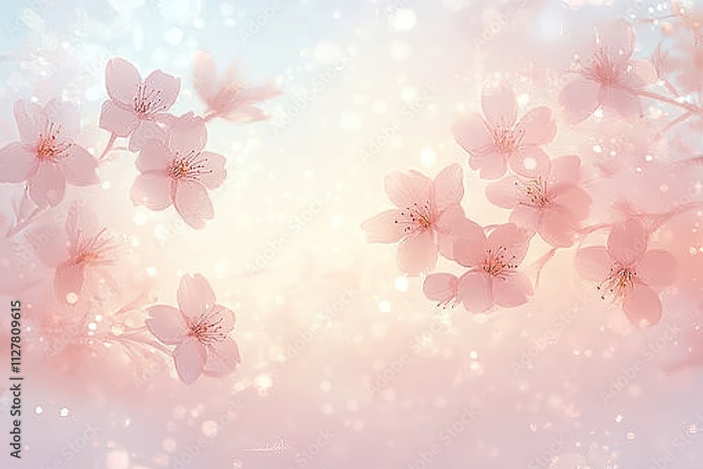 Dreamy Spring Landscape with Soft Pink Cherry Blossoms and Golden Light Dreamy Spring Landscape with Soft Pink Cherry Blossoms and Golden Light