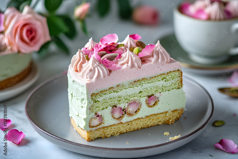 A slice of layered cake adorned with pink frosting, rose petals, and pistachios, served elegantly. A slice of layered cake adorned with pink frosting, rose petals, and pistachios, served elegantly.