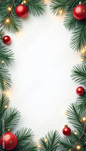 Wallpaper Mural Christmas themed flat lay design. Pine branches and lights create a festive frame. Red ornaments add a touch of holiday cheer. Perfect for greeting cards, posters, and banners. Torontodigital.ca