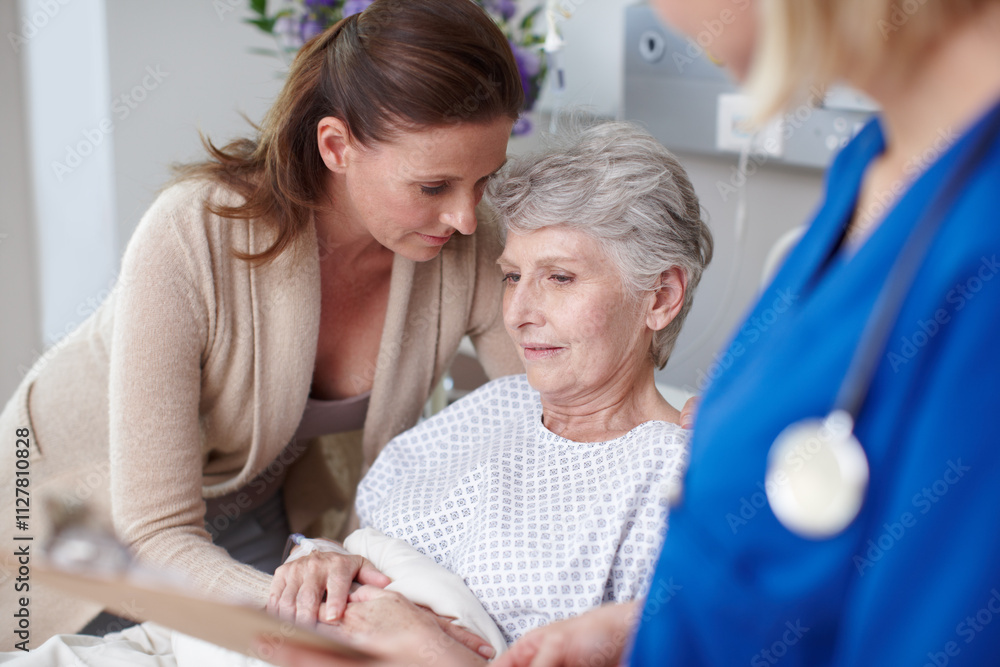 Obraz premium Elderly mother, daughter and nurse in hospital for medical exam, consultation or doctors appointment. Female people, senior care and support in clinic for visit, healthcare services or cancer patient