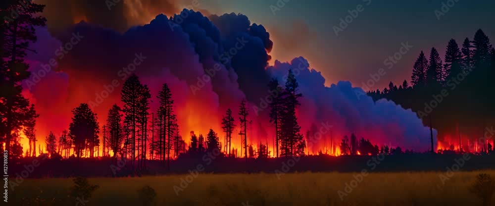The fire burning in the forest spread over a wide area, bright orange flames licking the tall trees, thick smoke billowing into the sky The fire burning in the forest spread over a wide area, bright orange flames licking the tall trees, thick smoke billowing into the sky