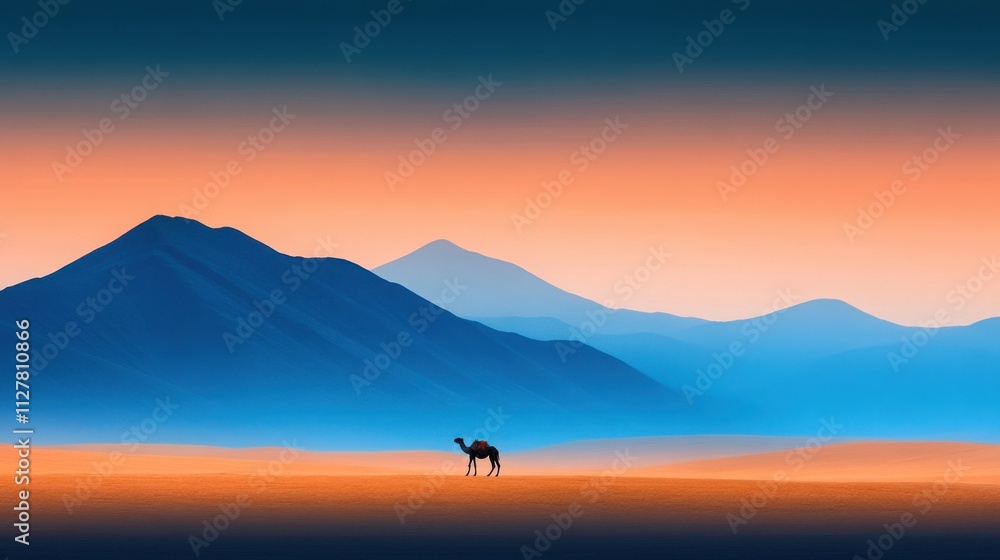 Lone camel caravan journeying through desert landscape at dusk Lone camel caravan journeying through desert landscape at dusk