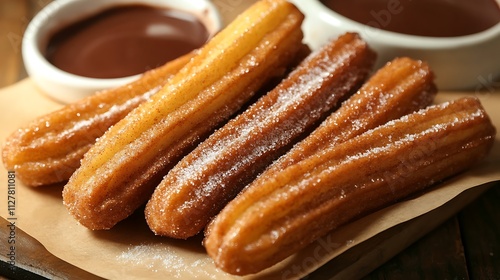 Churros with chocolate sauce on a white plate close-up