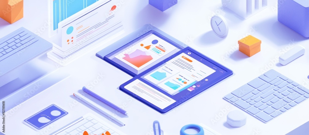 Digital workspace with charts, graphs, and keyboard on a desk. Digital workspace with charts, graphs, and keyboard on a desk.